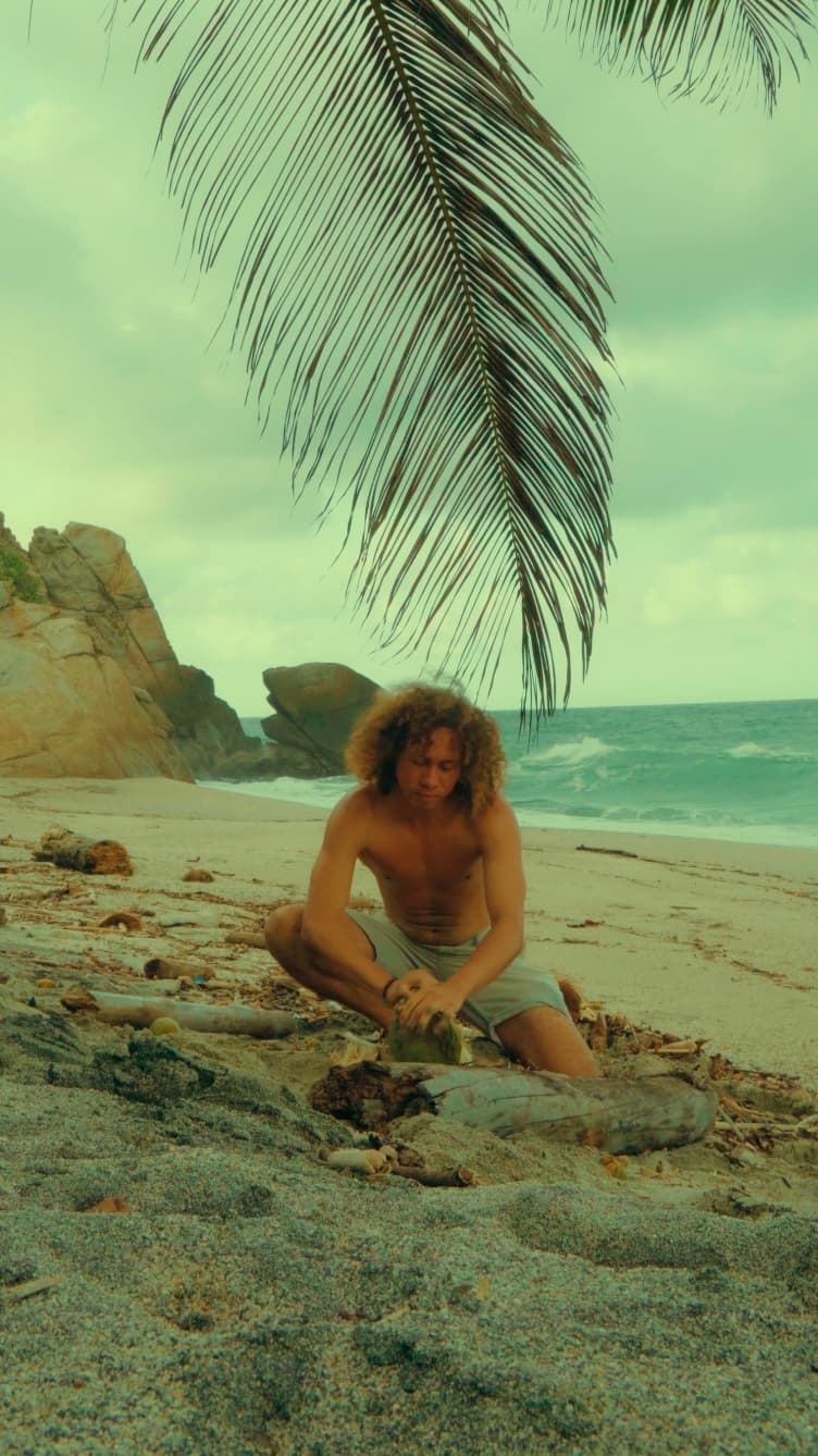 Man cracking a coconut on a moody rocky beach beneath a drooping palm frond