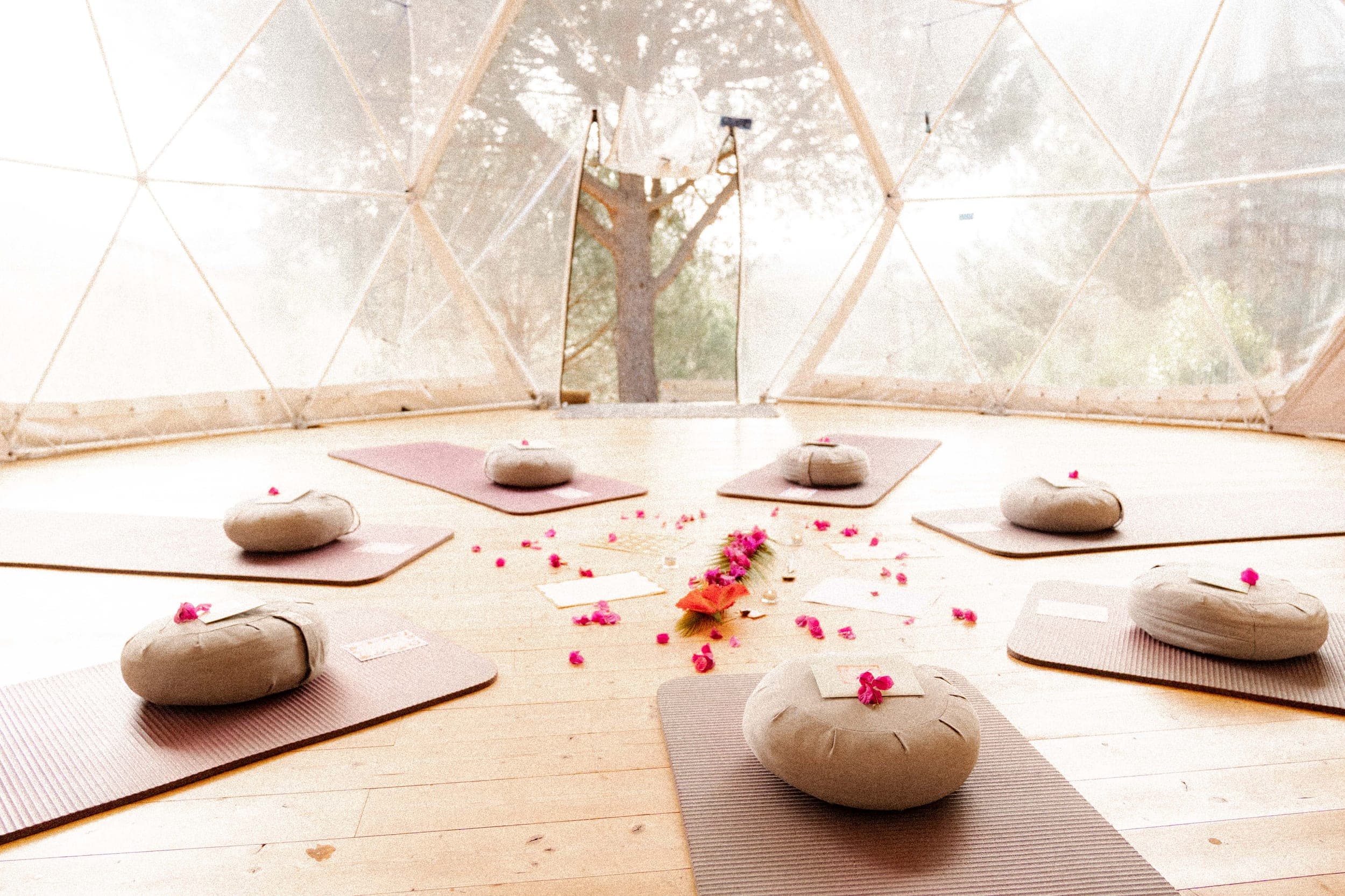 Empty geodesic dome set with yoga mats, cushions and pink flower petals for a ceremony